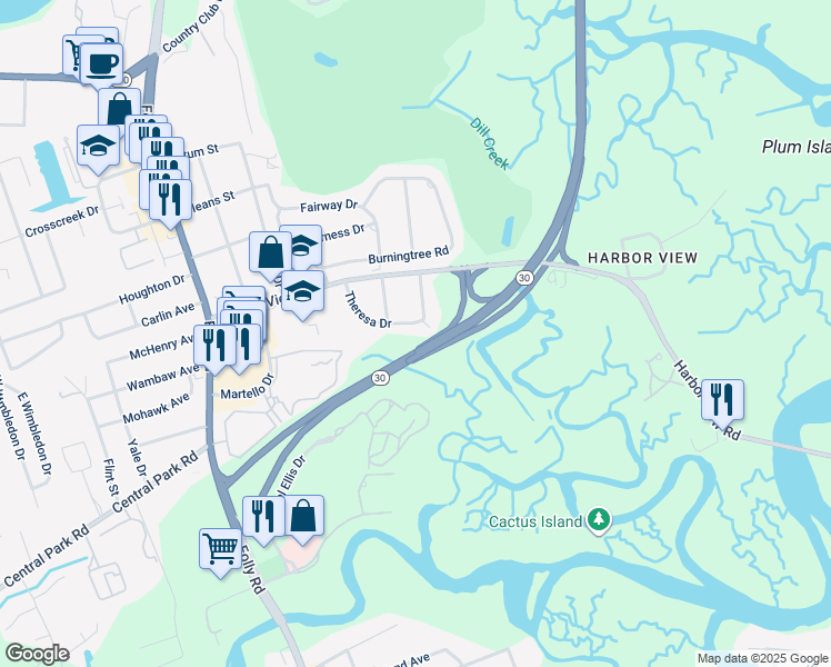 map of restaurants, bars, coffee shops, grocery stores, and more near 1509 Theresa Drive in Charleston