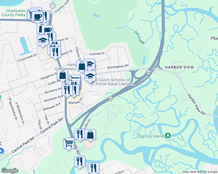 map of restaurants, bars, coffee shops, grocery stores, and more near 1529 Theresa Drive in Charleston