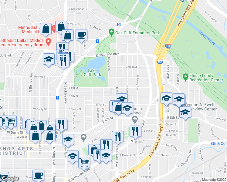map of restaurants, bars, coffee shops, grocery stores, and more near 501 North Marsalis Avenue in Dallas