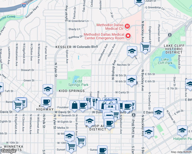 map of restaurants, bars, coffee shops, grocery stores, and more near 906 Cedar Hill Avenue in Dallas