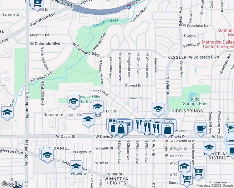 map of restaurants, bars, coffee shops, grocery stores, and more near 1435 Kings Highway in Dallas