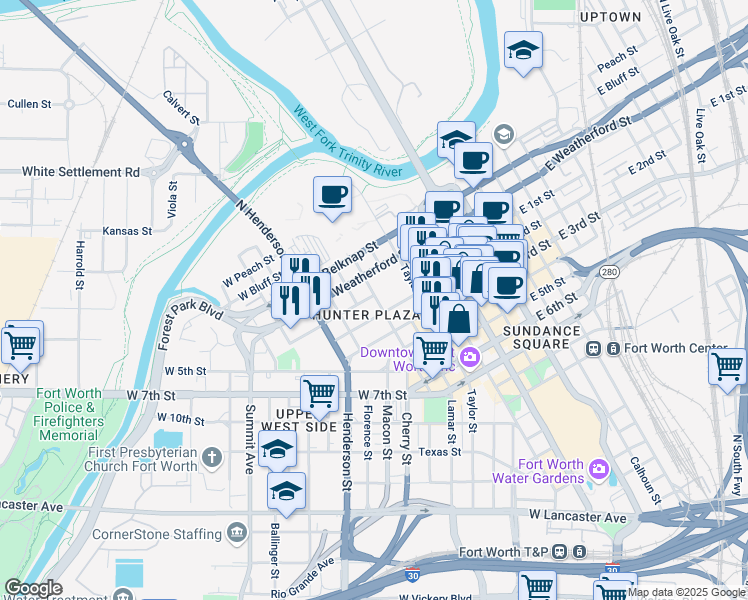 map of restaurants, bars, coffee shops, grocery stores, and more near 608w West 2nd Street in Fort Worth