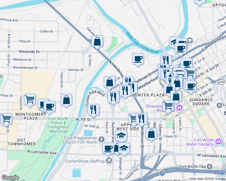map of restaurants, bars, coffee shops, grocery stores, and more near 1021 West Belknap Street in Fort Worth