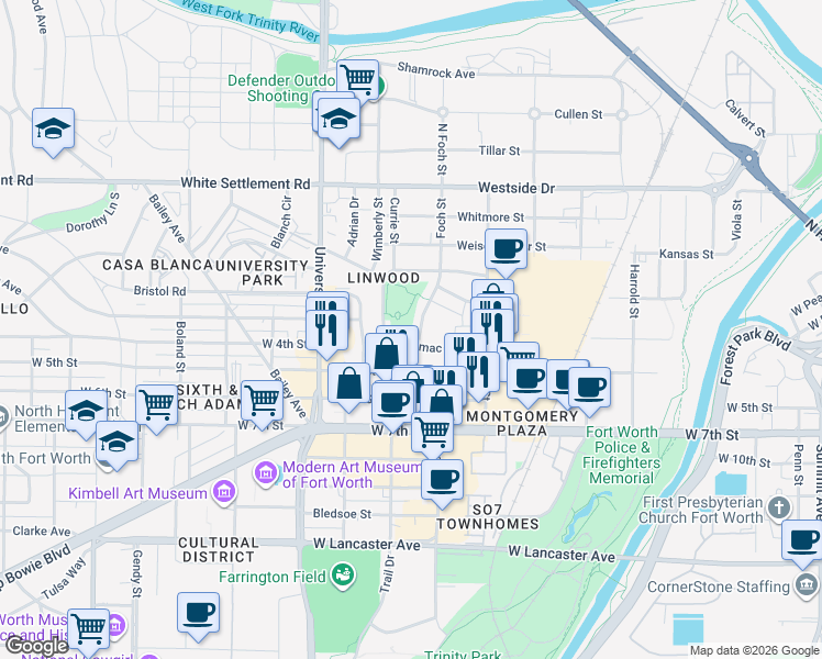 map of restaurants, bars, coffee shops, grocery stores, and more near 2800 Merrimac Street in Fort Worth
