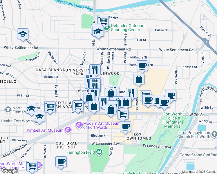 map of restaurants, bars, coffee shops, grocery stores, and more near in Fort Worth
