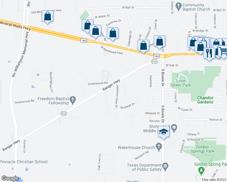 map of restaurants, bars, coffee shops, grocery stores, and more near 126 Pleasant View Drive in Weatherford