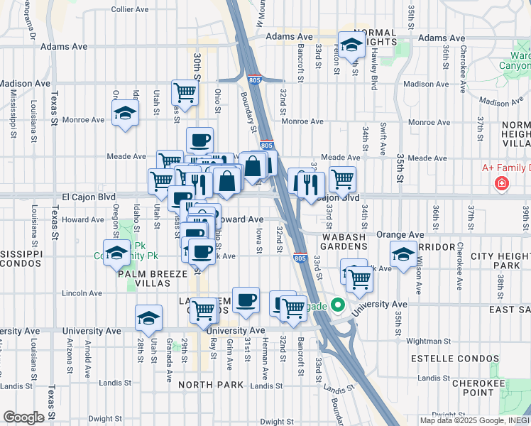 map of restaurants, bars, coffee shops, grocery stores, and more near 4211 Iowa Street in San Diego