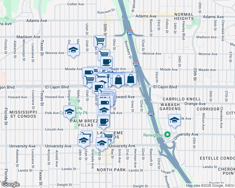 map of restaurants, bars, coffee shops, grocery stores, and more near 4205 Ohio Street in San Diego