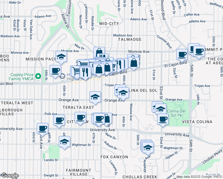 map of restaurants, bars, coffee shops, grocery stores, and more near 4275 48th Street in San Diego