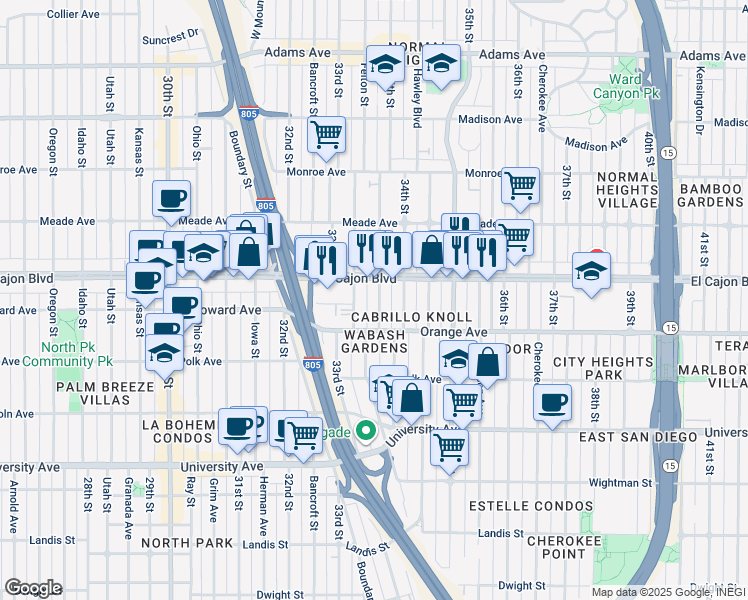 map of restaurants, bars, coffee shops, grocery stores, and more near 4240 Felton Street in San Diego