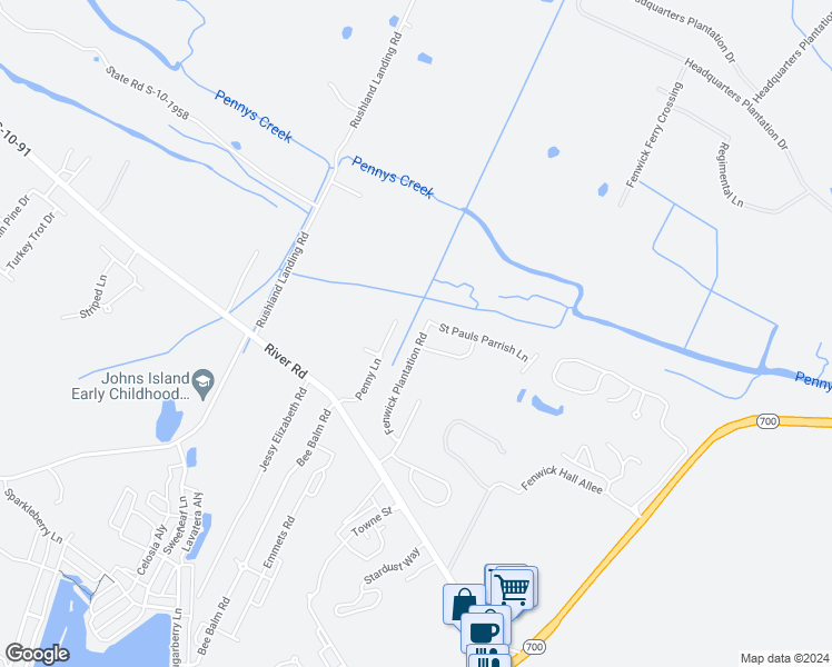 map of restaurants, bars, coffee shops, grocery stores, and more near 1276 Fenwick Plantation Road in Johns Island