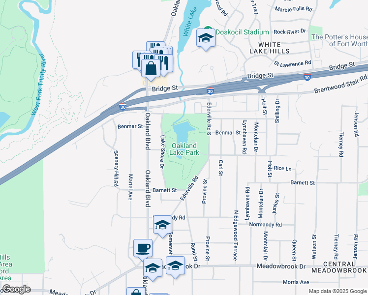 map of restaurants, bars, coffee shops, grocery stores, and more near 1645 Lake Shore Drive in Fort Worth