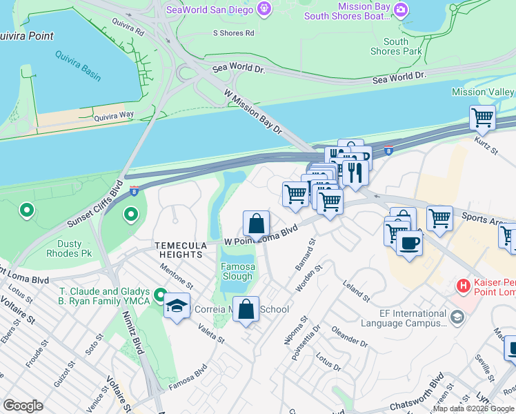 map of restaurants, bars, coffee shops, grocery stores, and more near 3011 Orleans East in San Diego
