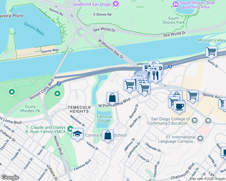 map of restaurants, bars, coffee shops, grocery stores, and more near 3050 Rue D’Orleans in San Diego