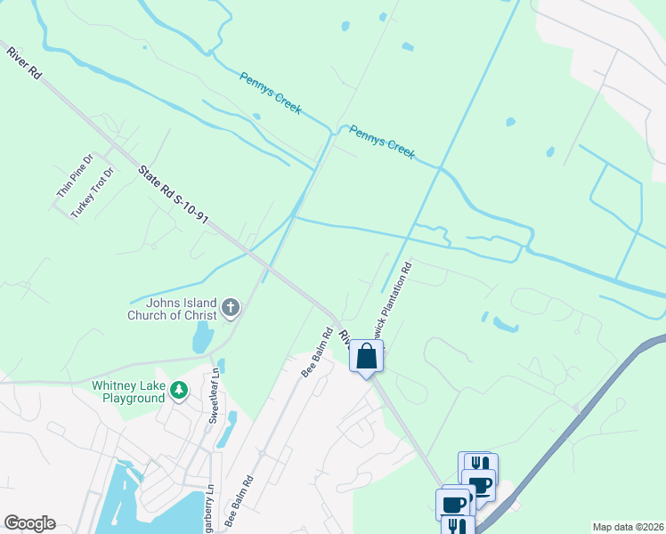 map of restaurants, bars, coffee shops, grocery stores, and more near 3053 Penny Lane in Johns Island