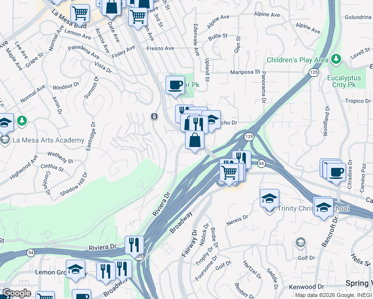 map of restaurants, bars, coffee shops, grocery stores, and more near 8530 Rockledge Road in La Mesa
