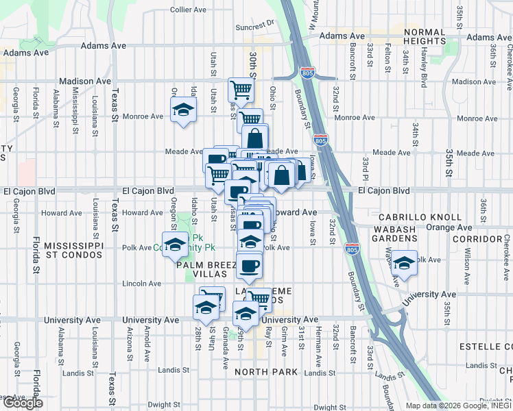 map of restaurants, bars, coffee shops, grocery stores, and more near 4201 30th Street in San Diego