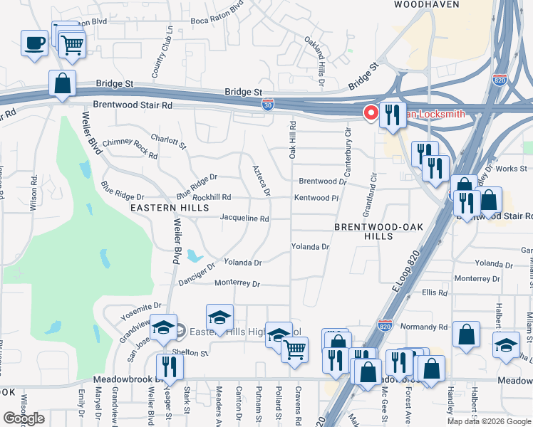 map of restaurants, bars, coffee shops, grocery stores, and more near 1701 Azteca Drive in Fort Worth