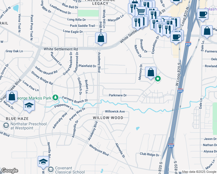 map of restaurants, bars, coffee shops, grocery stores, and more near 9844 Stoney Bridge Court in Fort Worth