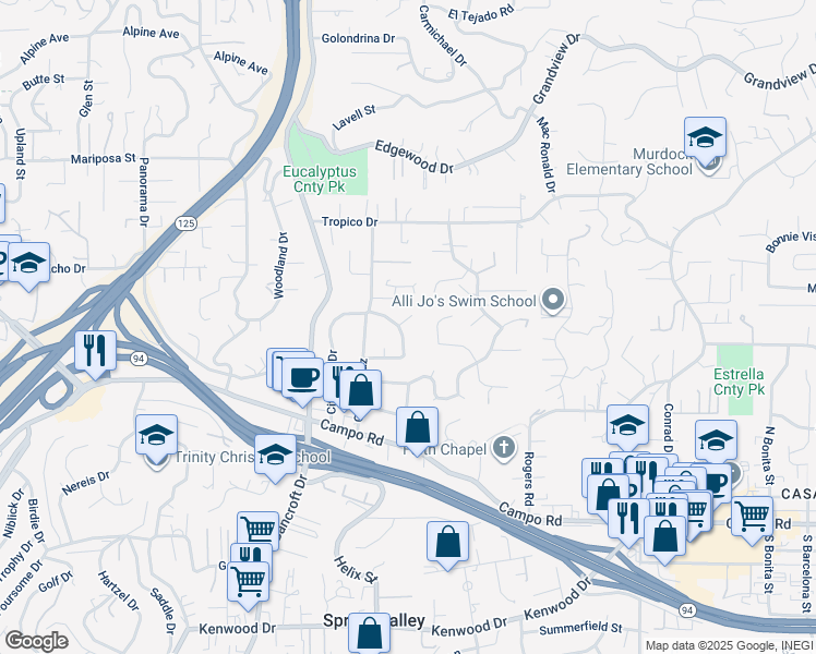 map of restaurants, bars, coffee shops, grocery stores, and more near 9247 Brookside Circle in Spring Valley