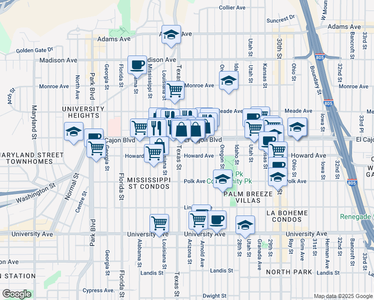 map of restaurants, bars, coffee shops, grocery stores, and more near 4223 Texas Street in San Diego