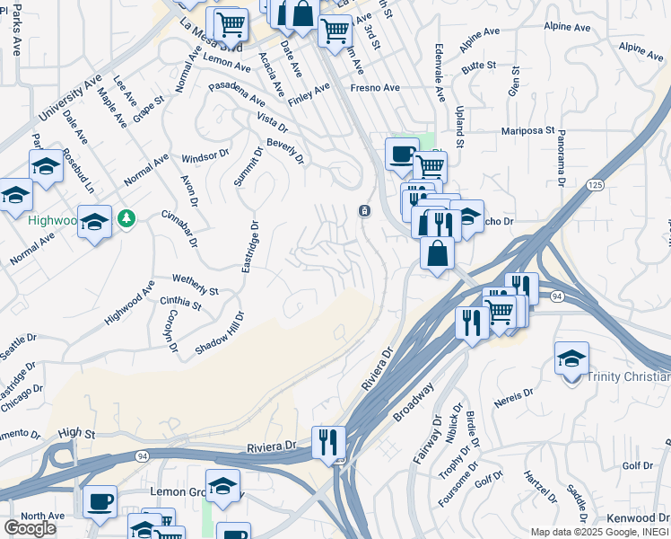 map of restaurants, bars, coffee shops, grocery stores, and more near 8015 Valley View Circle in La Mesa