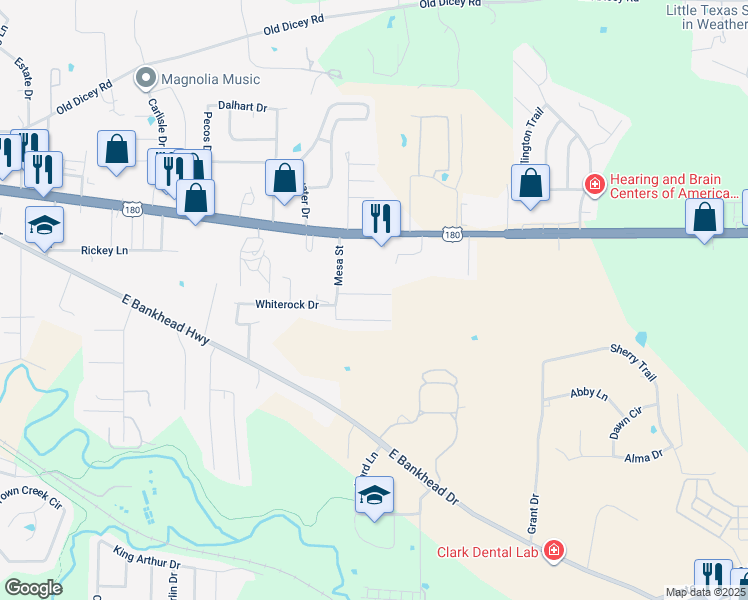 map of restaurants, bars, coffee shops, grocery stores, and more near 1826 Rayna Drive in Weatherford