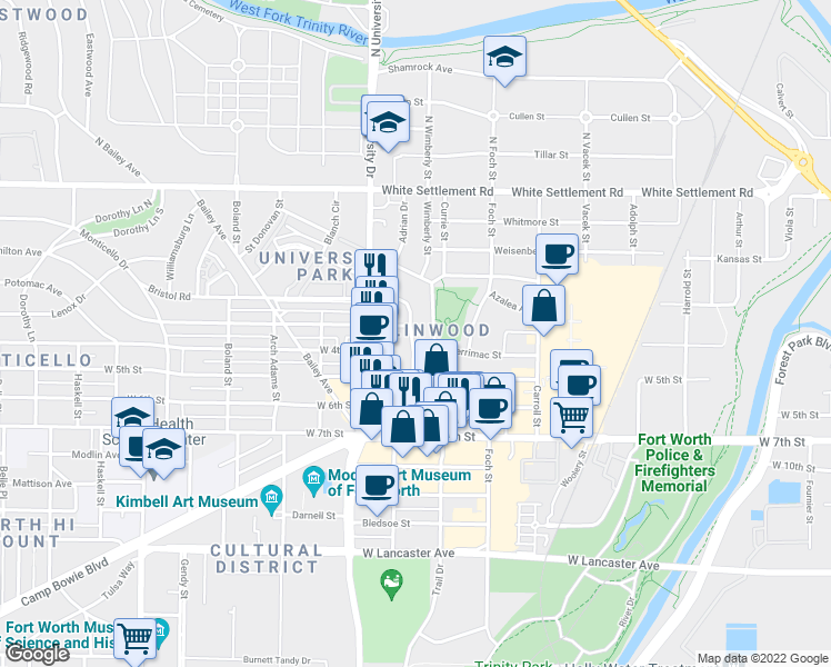 map of restaurants, bars, coffee shops, grocery stores, and more near 412 Wimberly Street in Fort Worth
