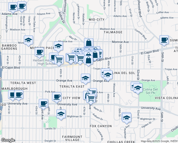 map of restaurants, bars, coffee shops, grocery stores, and more near 4256 Euclid Avenue in San Diego