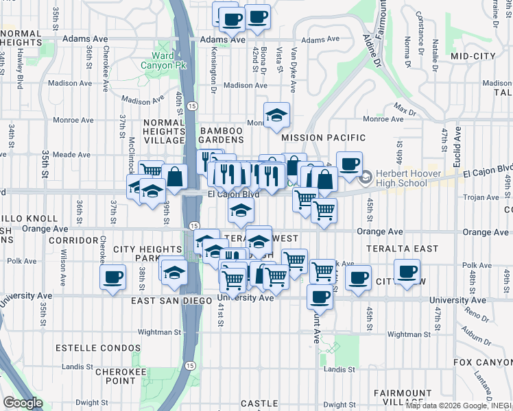 map of restaurants, bars, coffee shops, grocery stores, and more near 4204 Orange Avenue in San Diego