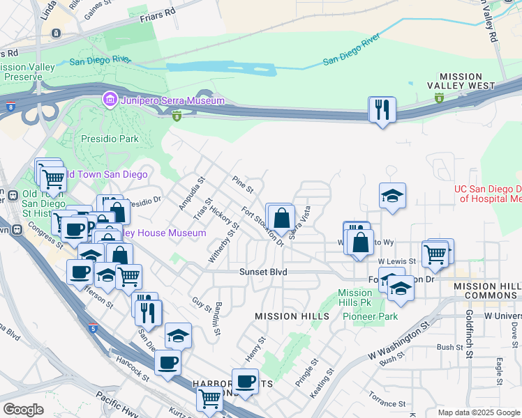 map of restaurants, bars, coffee shops, grocery stores, and more near 2147 Pine Street in San Diego
