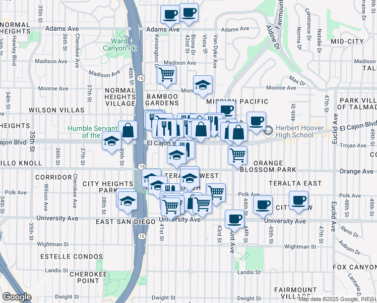 map of restaurants, bars, coffee shops, grocery stores, and more near 4204 Orange Avenue in San Diego