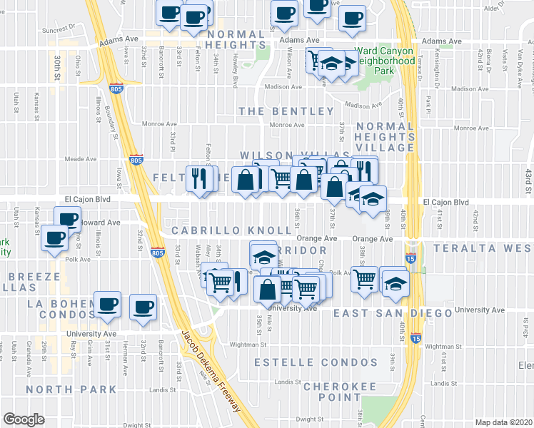 map of restaurants, bars, coffee shops, grocery stores, and more near 4234 Wilson Avenue in San Diego