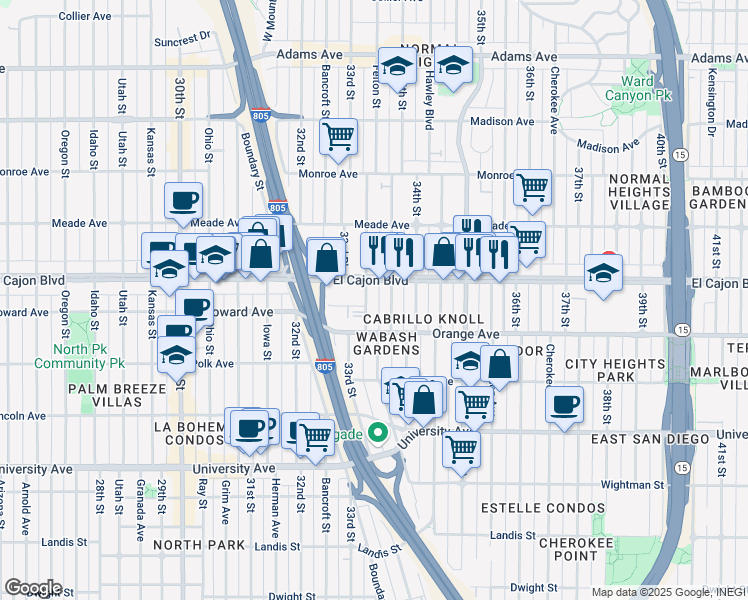 map of restaurants, bars, coffee shops, grocery stores, and more near 4240 Felton Street in San Diego
