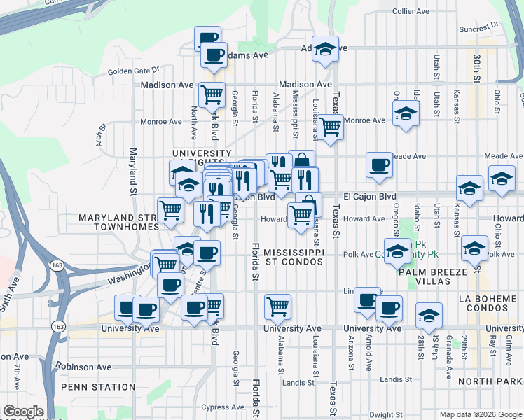 map of restaurants, bars, coffee shops, grocery stores, and more near 1937 Howard Avenue in San Diego