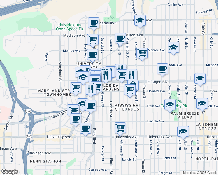 map of restaurants, bars, coffee shops, grocery stores, and more near 1937 Howard Avenue in San Diego