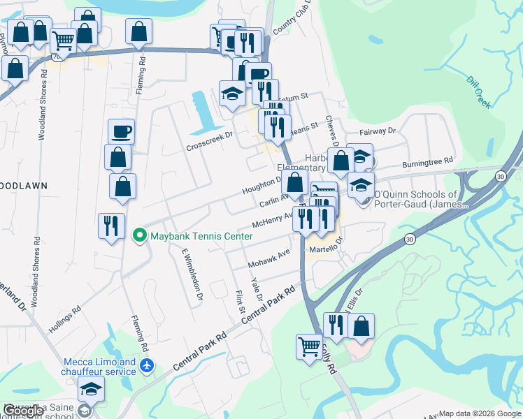 map of restaurants, bars, coffee shops, grocery stores, and more near 1746 McHenry Avenue in Charleston