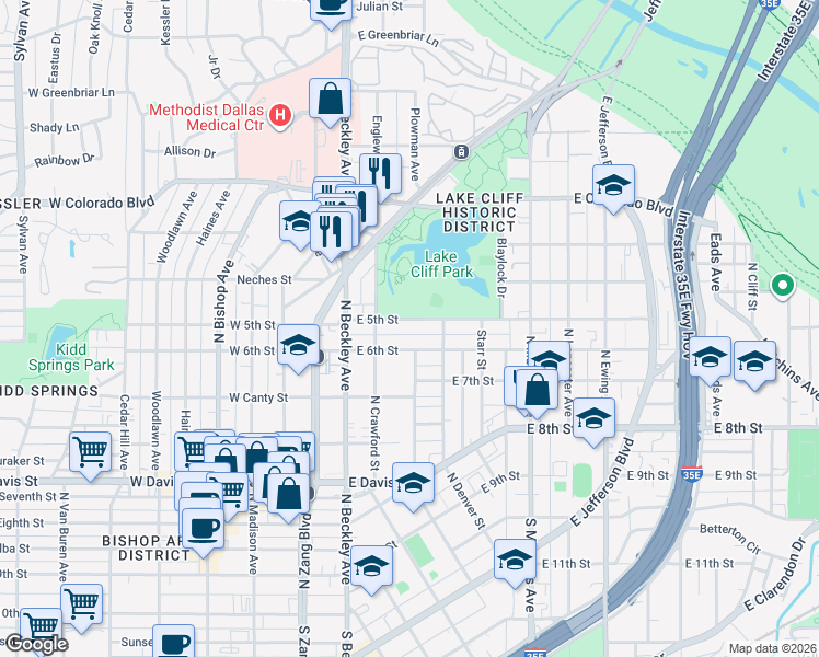 map of restaurants, bars, coffee shops, grocery stores, and more near 233 East 6th Street in Dallas