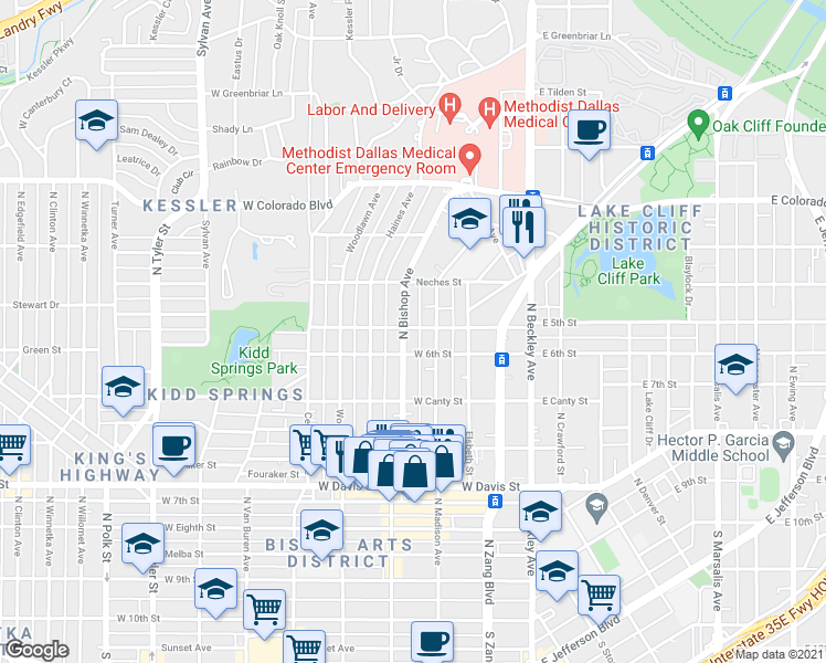 map of restaurants, bars, coffee shops, grocery stores, and more near 907 North Bishop Avenue in Dallas