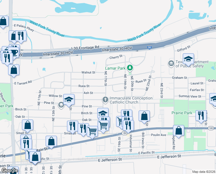 map of restaurants, bars, coffee shops, grocery stores, and more near 805 Northeast 17th Street in Grand Prairie
