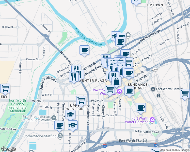 map of restaurants, bars, coffee shops, grocery stores, and more near 608w West 2nd Street in Fort Worth