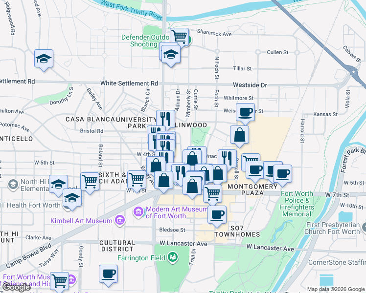 map of restaurants, bars, coffee shops, grocery stores, and more near in Fort Worth
