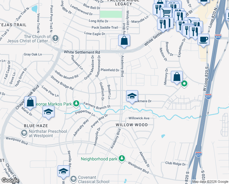 map of restaurants, bars, coffee shops, grocery stores, and more near 409 Bodart Lane in Fort Worth