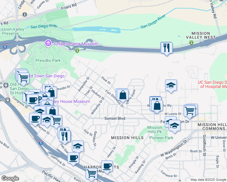 map of restaurants, bars, coffee shops, grocery stores, and more near 2147 Pine Street in San Diego