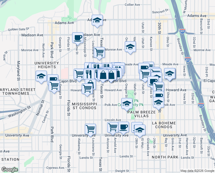 map of restaurants, bars, coffee shops, grocery stores, and more near 4220 Arizona Street in San Diego