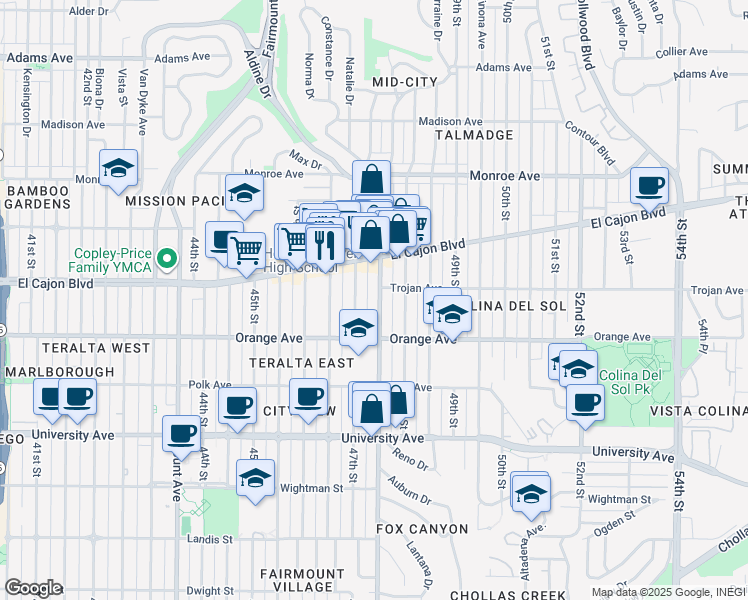 map of restaurants, bars, coffee shops, grocery stores, and more near 4256 Euclid Avenue in San Diego