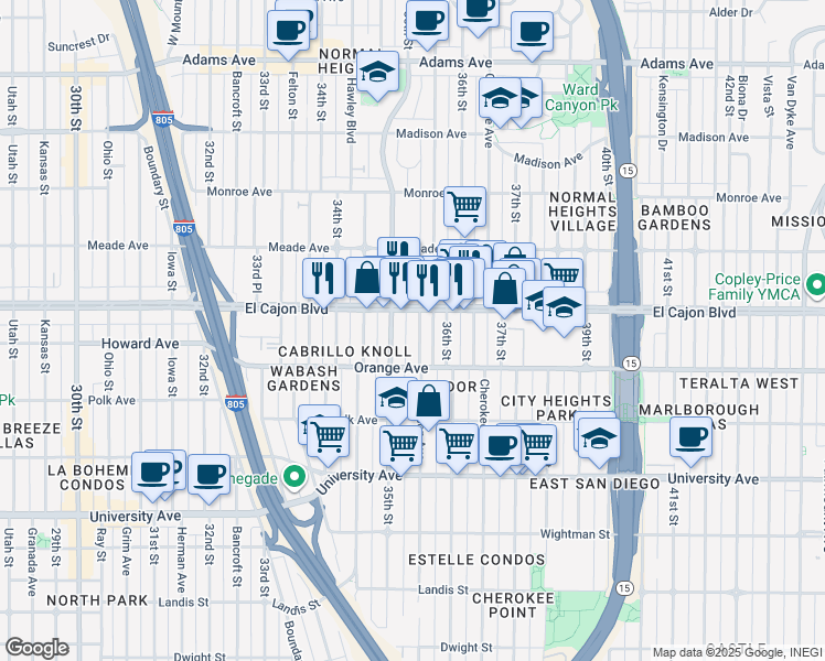 map of restaurants, bars, coffee shops, grocery stores, and more near 4234 Wilson Avenue in San Diego
