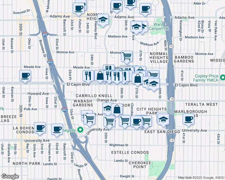 map of restaurants, bars, coffee shops, grocery stores, and more near 4262 Wilson Avenue in San Diego