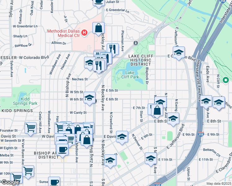 map of restaurants, bars, coffee shops, grocery stores, and more near 233 East 6th Street in Dallas