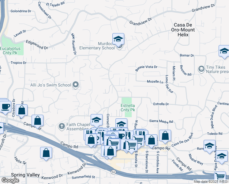 map of restaurants, bars, coffee shops, grocery stores, and more near 4130 Conrad Drive in Spring Valley